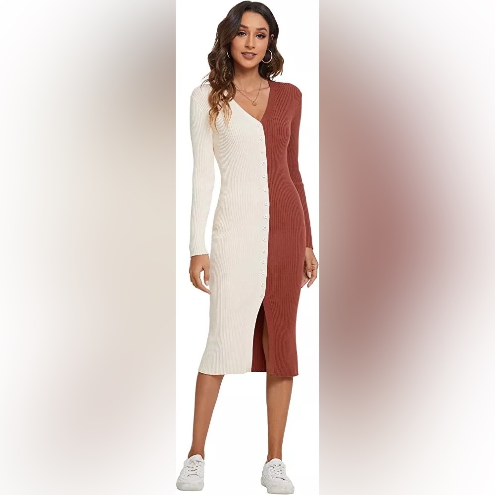 Women's Long Sleeve Midi Sweater Dress Size 8-10 Bodycon Button Down Colorblock